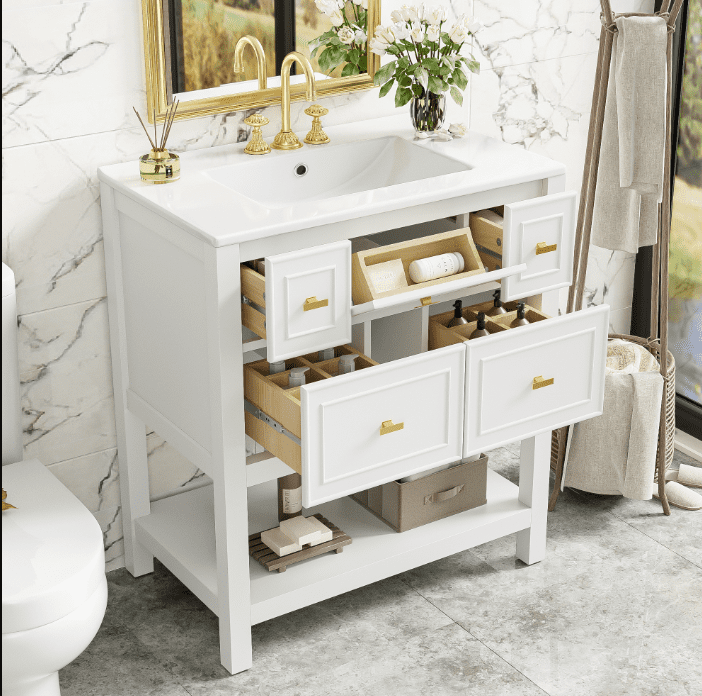 Euroco Bathroom Vanity with Sink – 5-Drawer MDF Cabinet with Concealed Storage and Pre-Drilled Three-Hole Basin