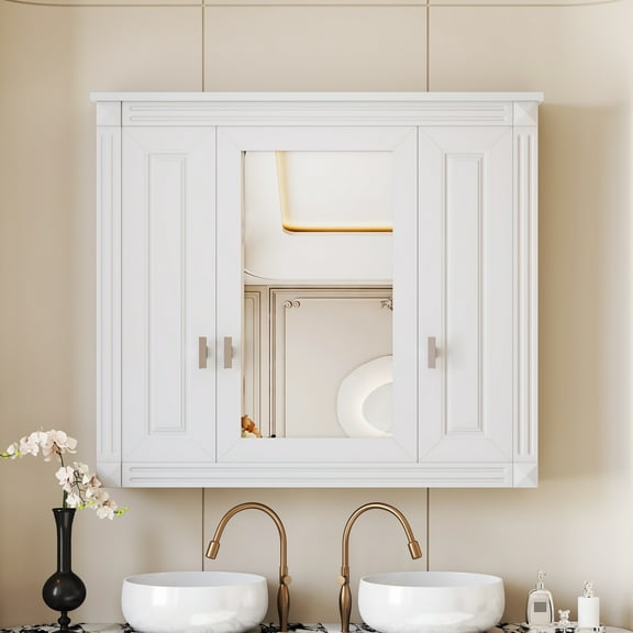 Euroco Bathroom Wall Cabinet with Mirror, Wall Mounted Medicine Cabinet with 4 Shelves, Mirrored Door Over Toilet Storage Cabinet, White