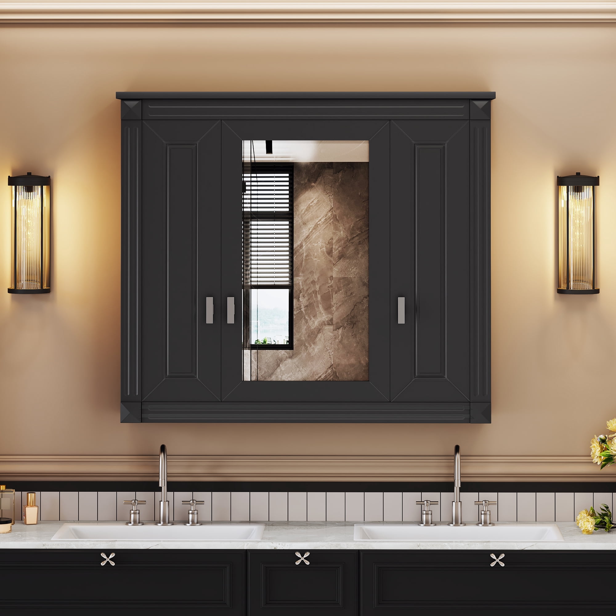 Euroco Bathroom Wall Cabinet with Mirror, Wall Mounted Medicine Cabinet with 4 Shelves, Mirrored Door Over Toilet Storage Cabinet