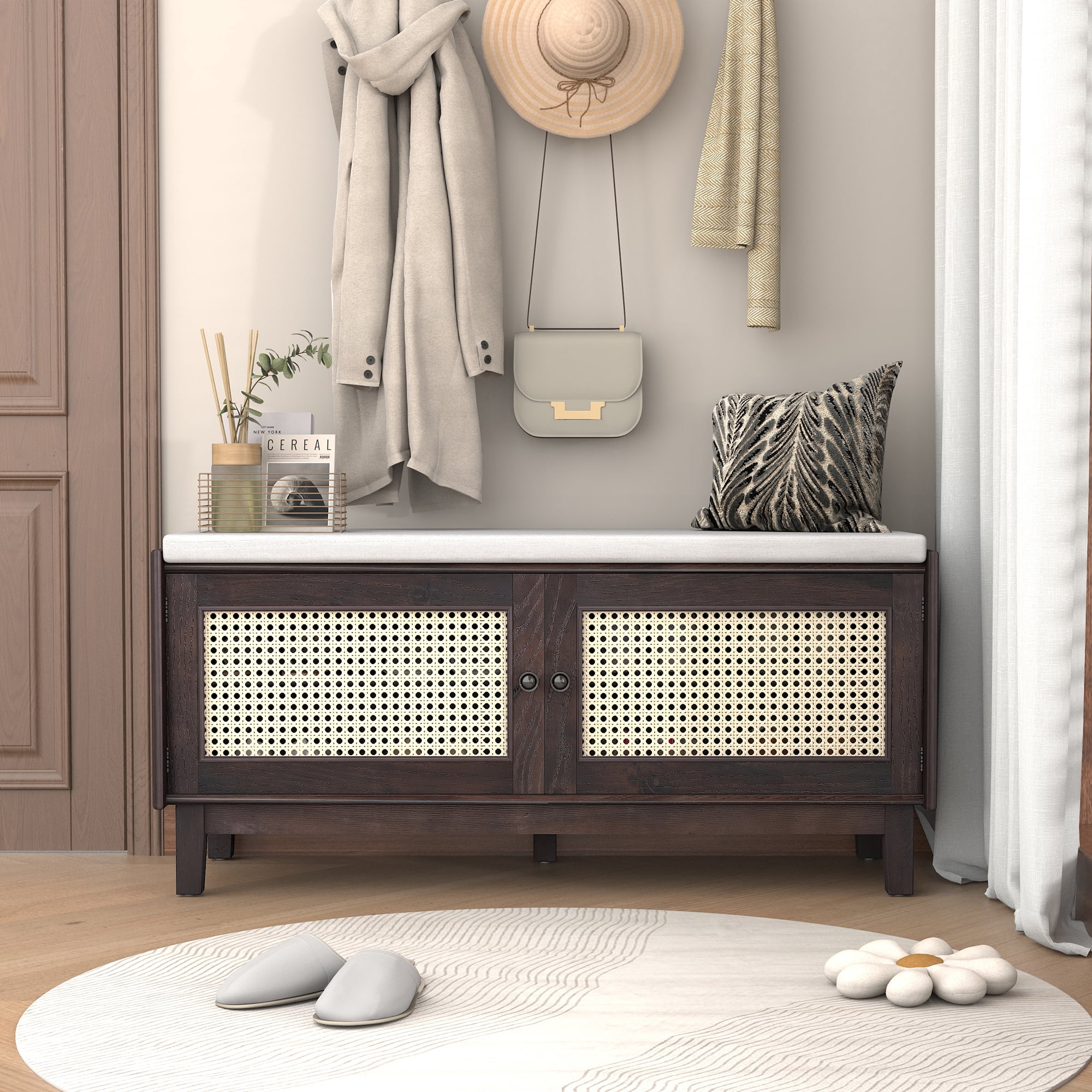 Euroco Boho Rattan Entryway Bench with Storage, Cushioned Shoe Bench with Double Doors, Wooden Shoe Organizer Bench for Entryway and Hallway (Espresso+Beige )