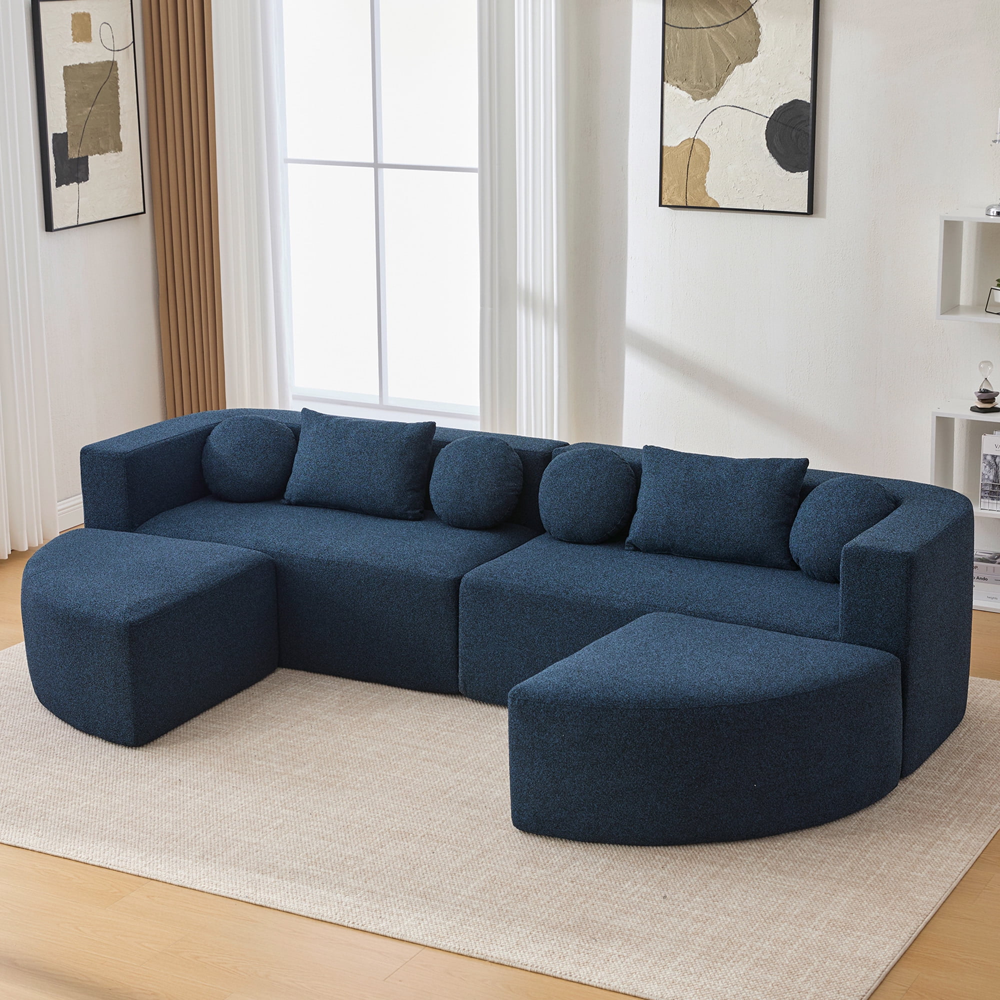 Euroco Boneless Couch Modular Sectional Sofa 114.9" Free-combined Sofa Couch Sofa Bed Compression Sofa with Deep Seating and Curved Design for Living Room, Blue