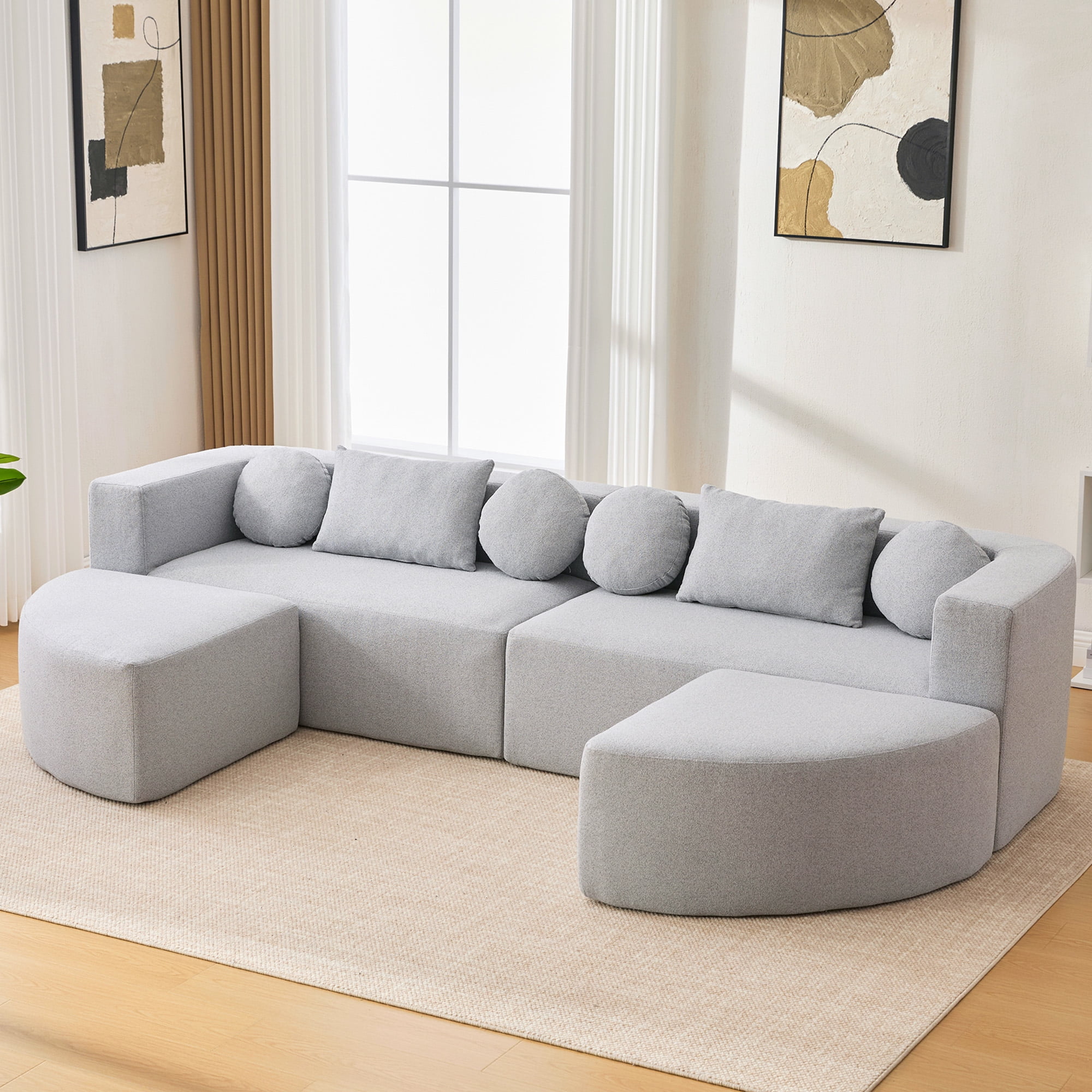 Euroco Boneless Couch Modular Sectional Sofa 114.9" Free-combined Sofa Couch Sofa Bed Compression Sofa with Deep Seating and Curved Design for Living Room, Grey