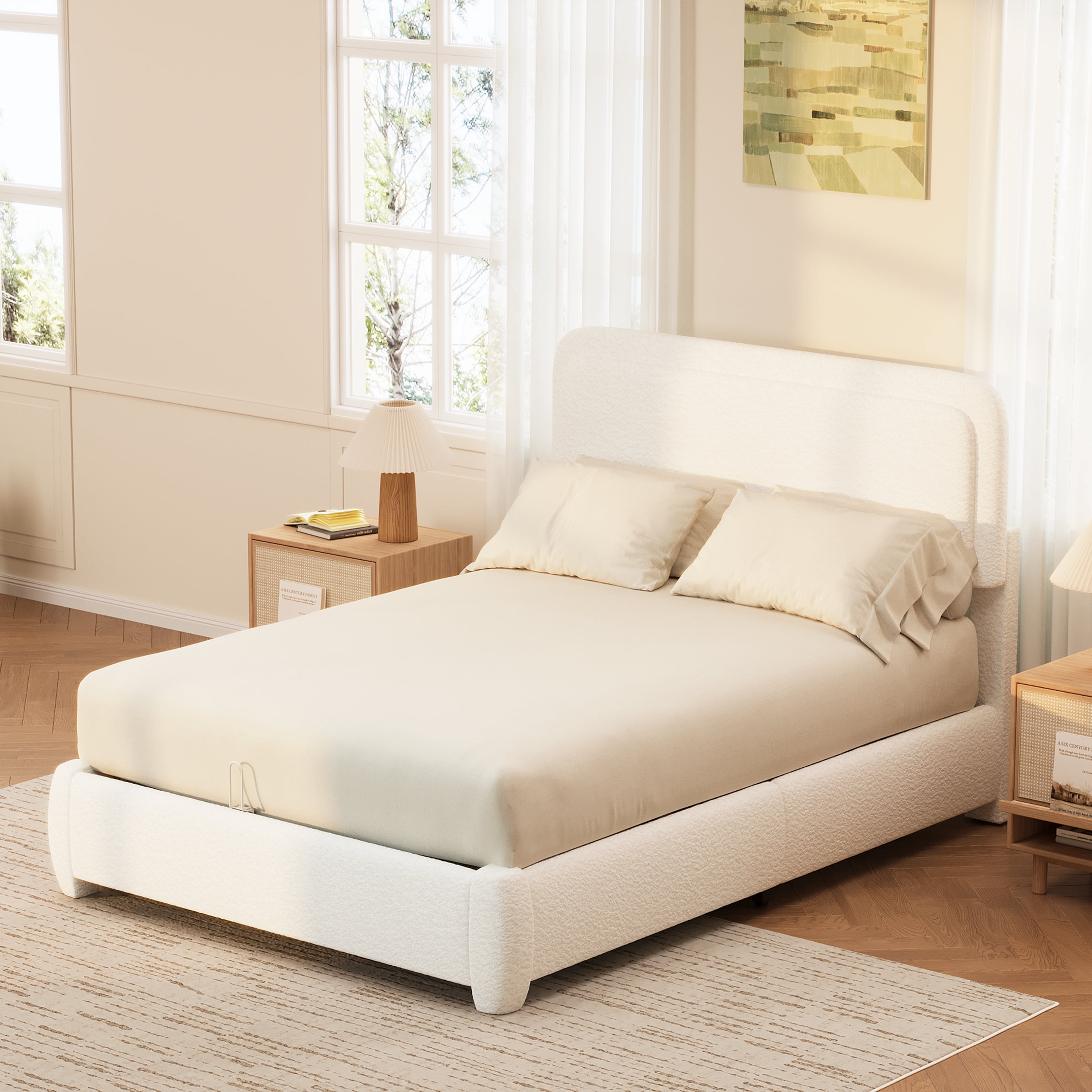 Euroco Boucle Full Size Platform Bed with Height Adjustable Headboard, Low Profile Modern Bed with Curved Cloud Headboard, White