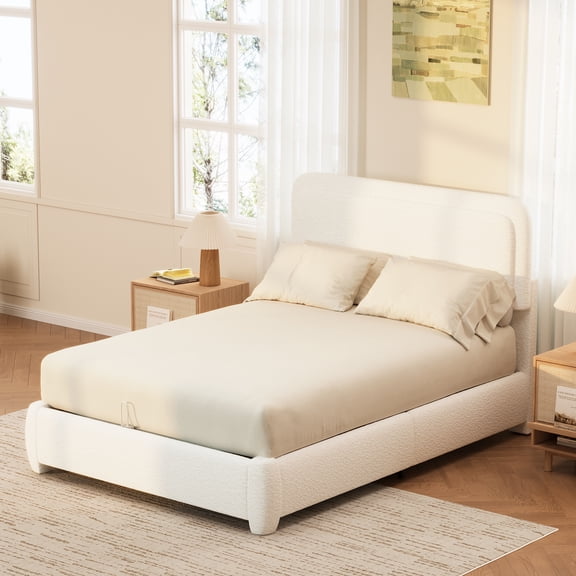 Euroco Boucle Full Size Platform Bed with Height Adjustable Headboard, Low Profile Modern Bed with Curved Cloud Headboard, White