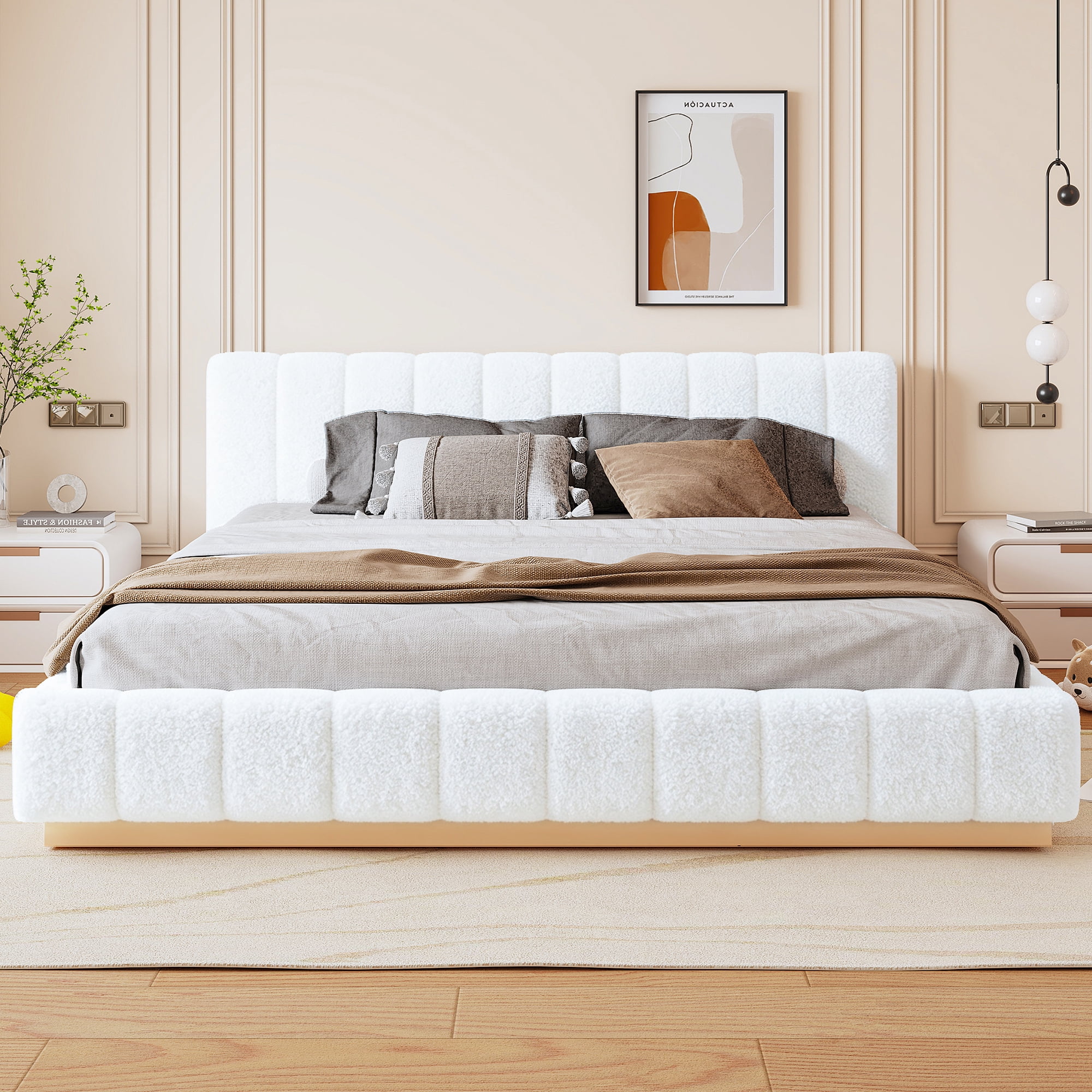 Euroco Boucle Upholstered King Size Platform Bed, White
