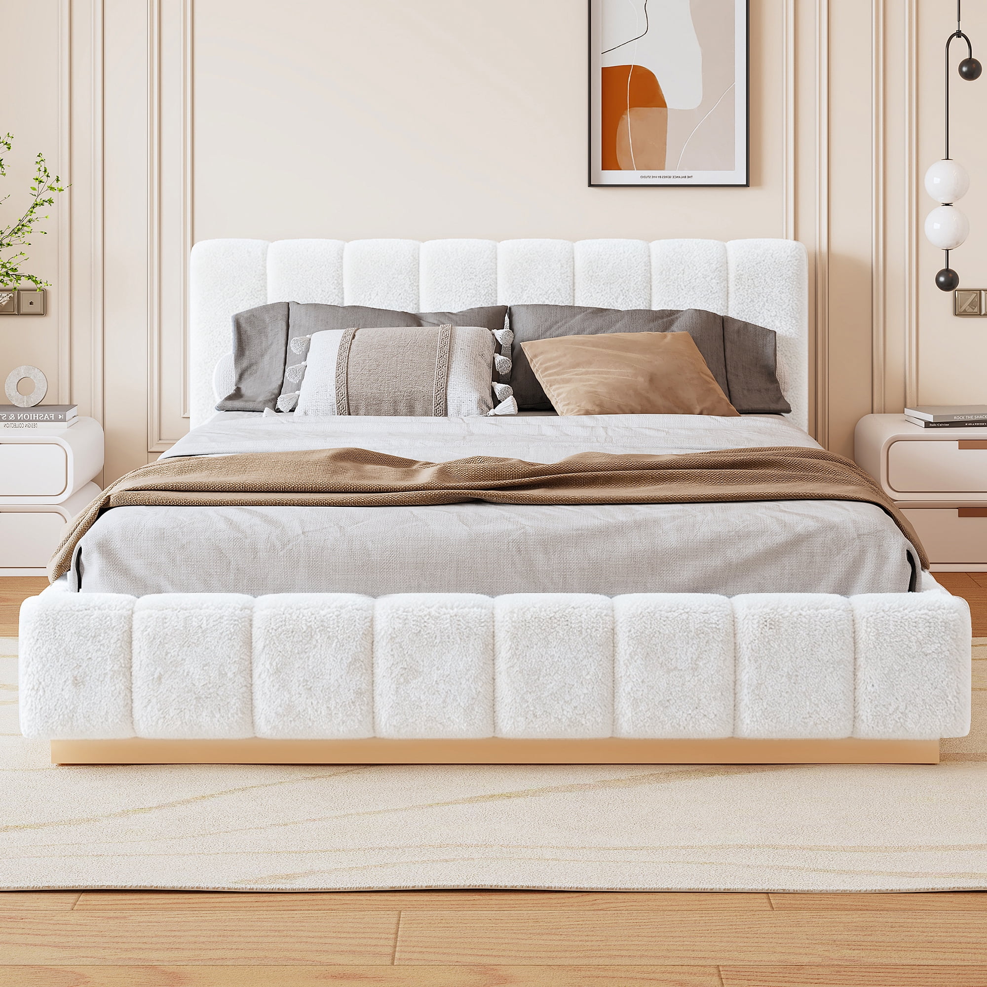 Euroco Boucle Upholstered Queen Size Platform Bed, White