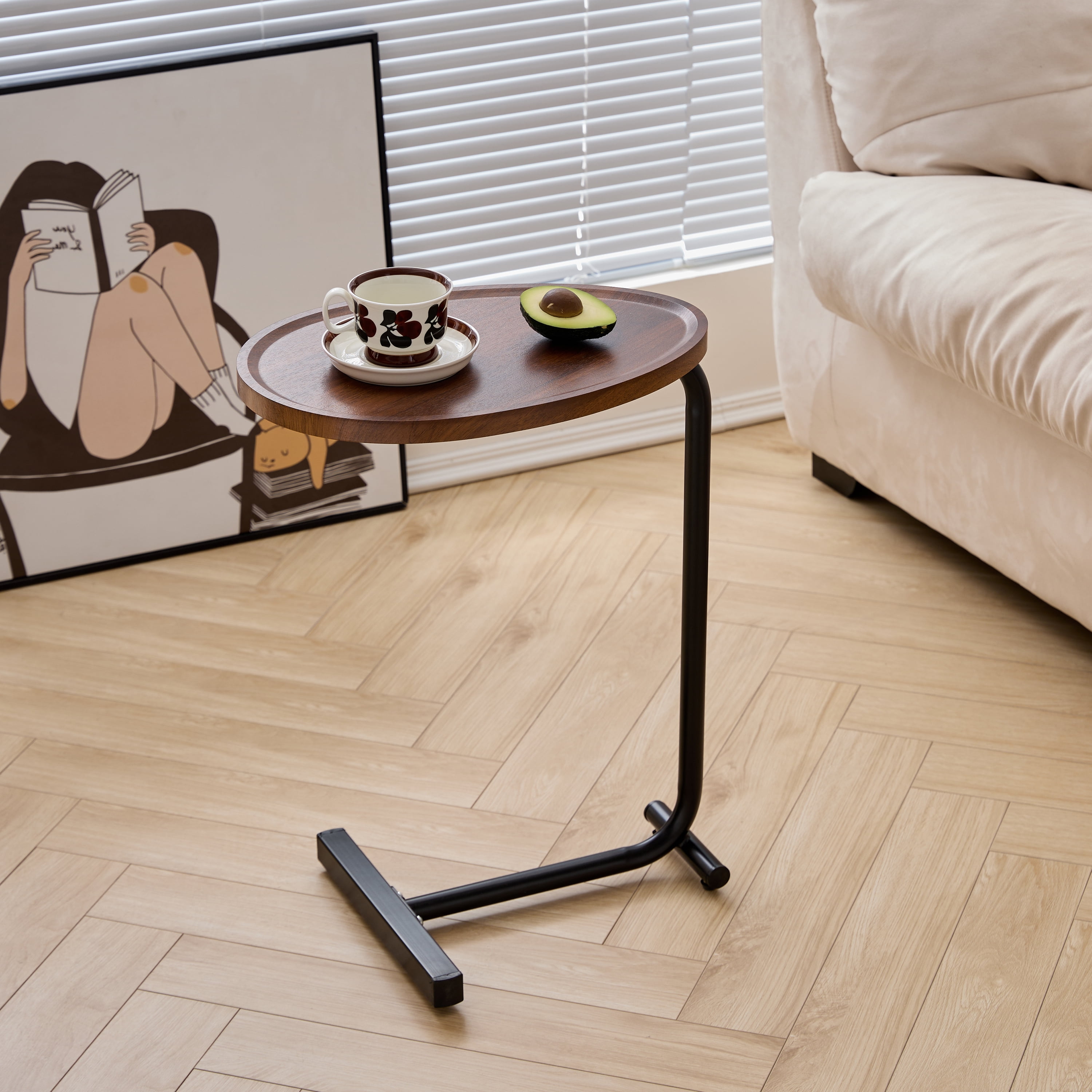Euroco Brown C-shaped Side Table, Small Sofa Table for Living room