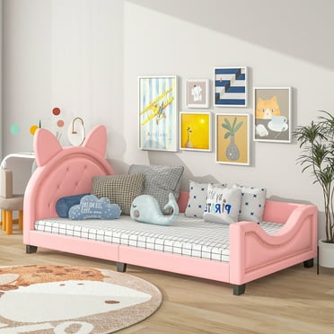 Euroco Bunny Shaped Twin Size Upholstered Daybed with Headboard for Kids, Pink