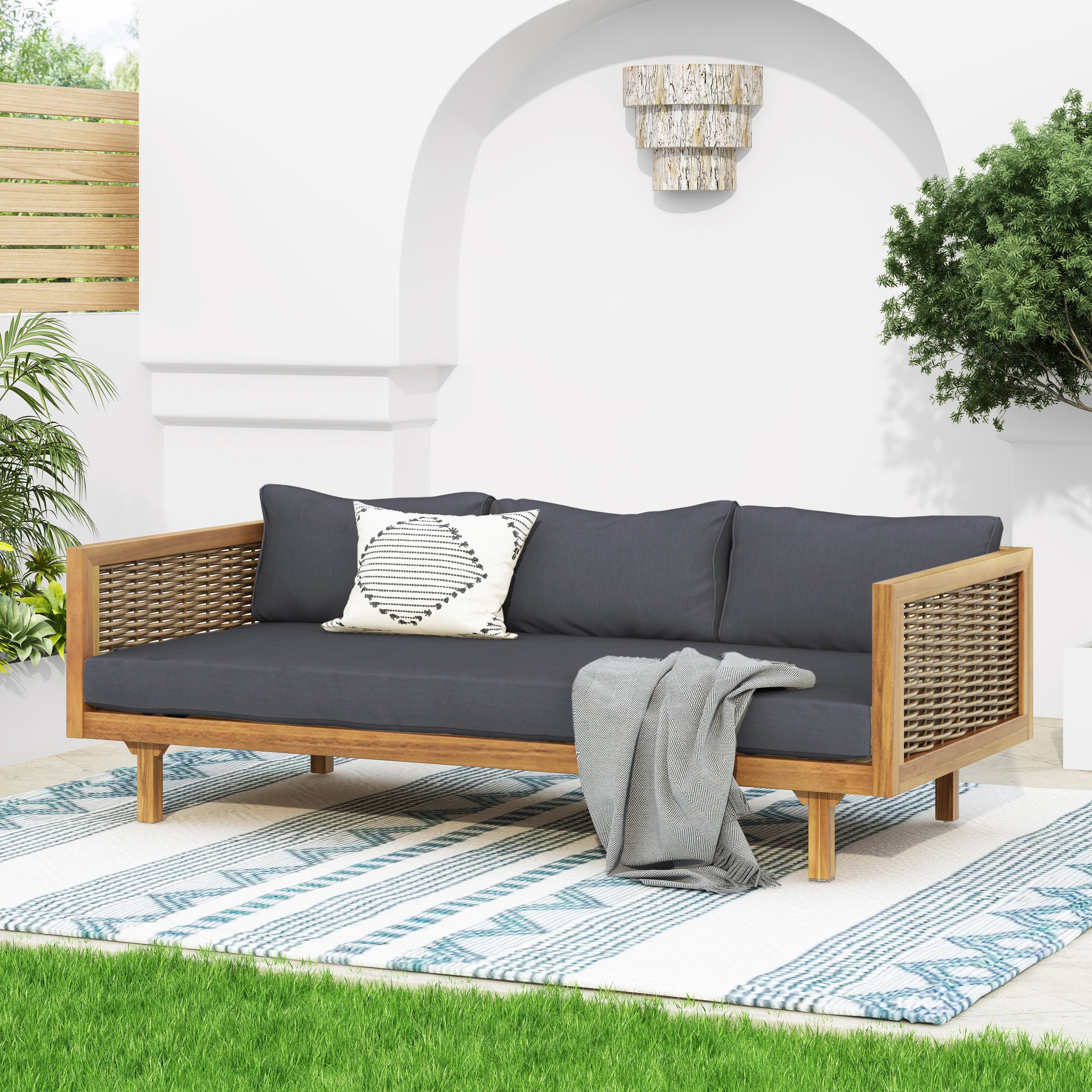 Euroco CLAREMONT 3 SEATER DAYBED WITH RATTAN ARMS (DARK GREY CUSHION)