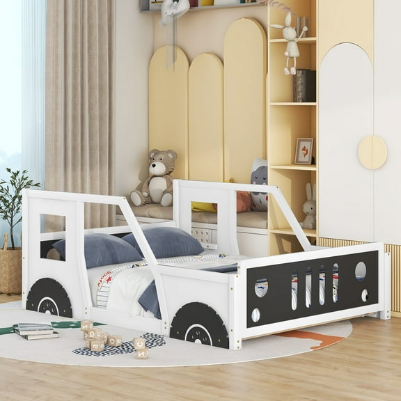 Euroco Car-Shaped Full Size Wood Platform Bed for Kids Teens Bedroom, Solid Car Bed for Kids Gift, Low Profile Floor Bed, White
