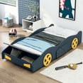 thumbnail image 1 of Euroco Car-Shaped Twin Size Platform Bed with Tires and Storage Cabinet for Kids Bedroom, Dark Blue, 1 of 13