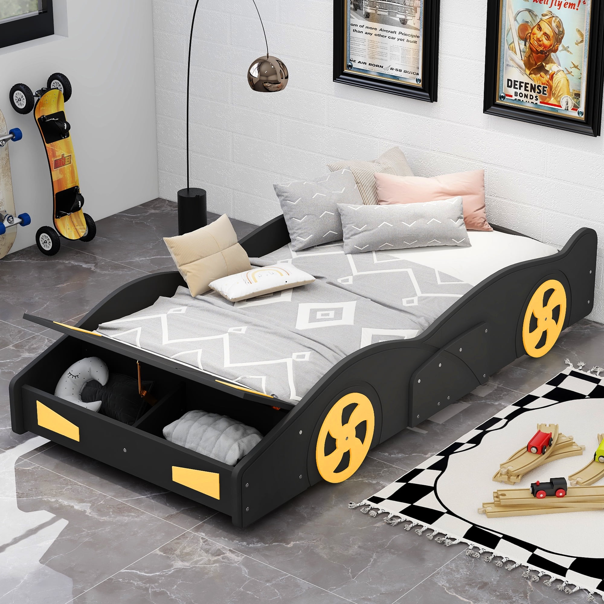 Euroco Car-Shaped Twin Size Platform Bed with Tires and Storage Cabinet for Kids Bedroom, Black