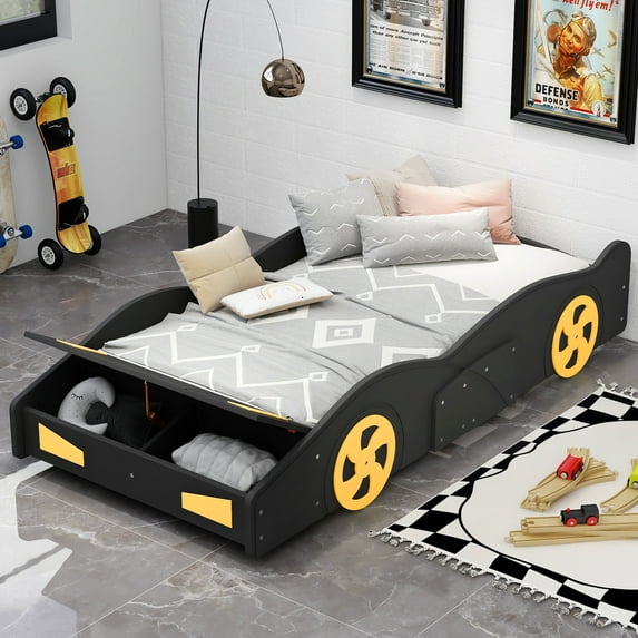 Euroco Car-Shaped Twin Size Platform Bed with Tires and Storage Cabinet for Kids Bedroom, Black