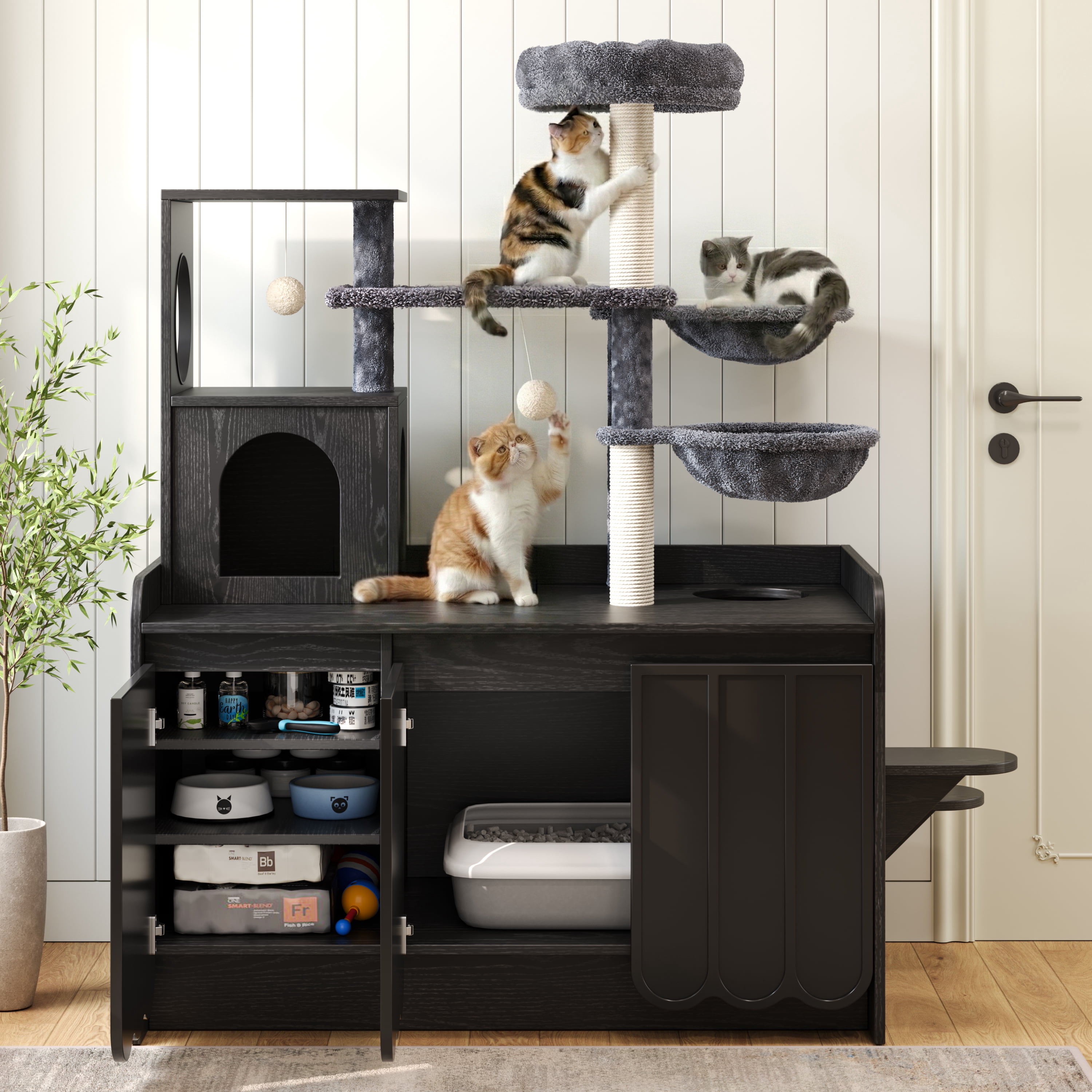 Euroco Cat Tree with Litter Box Enclosure, 59" Tall Modern Cat Tower with Sisal Scratching Post,Hammock,House,Perch & Storage Space,All-in-One Cat Condo,Hidden Cat Furniture,Black