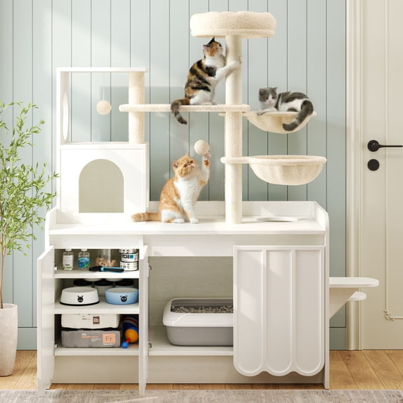 Euroco Cat Tree with Litter Box Enclosure, 59" Tall Modern Cat Tower with Sisal Scratching Post,Hammock,House,Perch & Storage Space,All-in-One Cat Condo,Hidden Cat Furniture,White