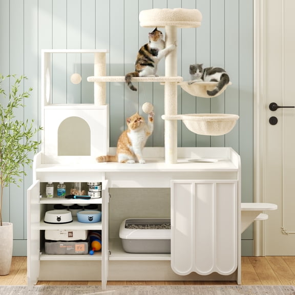 Euroco Cat Tree with Litter Box Enclosure, 59" Tall Modern Cat Tower with Sisal Scratching Post,Hammock,House,Perch & Storage Space,All-in-One Cat Condo,Hidden Cat Furniture,White