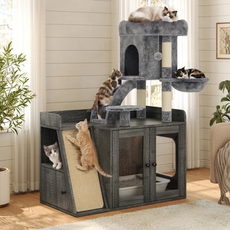 Euroco Cat Tree with Litter Box Enclosure, All-in-one Cat Tower with LED Light,Sisal Scratching Post,Hammock,House,Platform & Storage Space,Hidden Litter Box Furniture with Condo,Grey