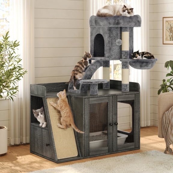 Euroco Cat Tree with Litter Box Enclosure, All-in-one Cat Tower with LED Light,Sisal Scratching Post,Hammock,House,Platform & Storage Space,Hidden Litter Box Furniture with Condo,Grey
