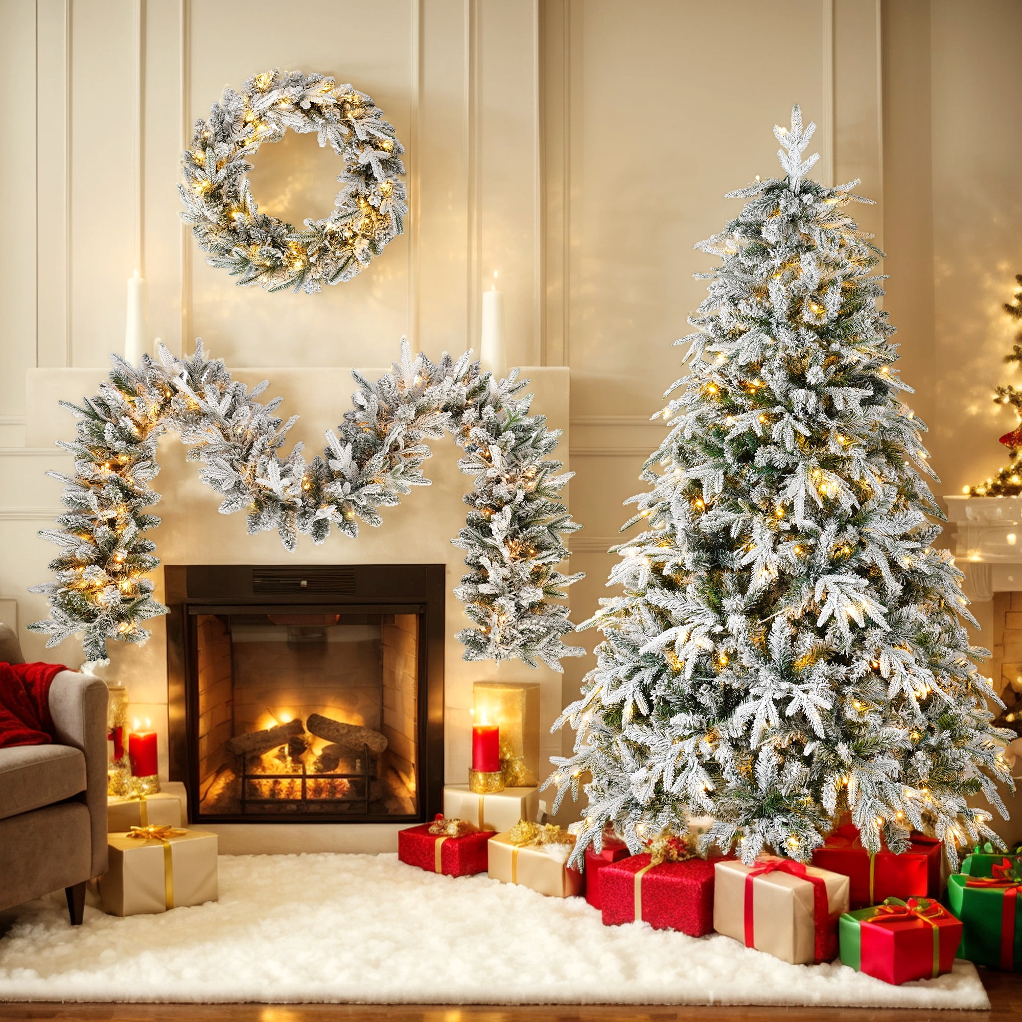 Euroco Christmas Snow Flocked Wreath with Xmas Snow Garland and Snow Xmas Tree, 3 Pac Snowy Flocked Christmas Decor with Warm LED Lights, 9ft Flocked Garland, Flocked Wreath, 6ft Flocked Tree