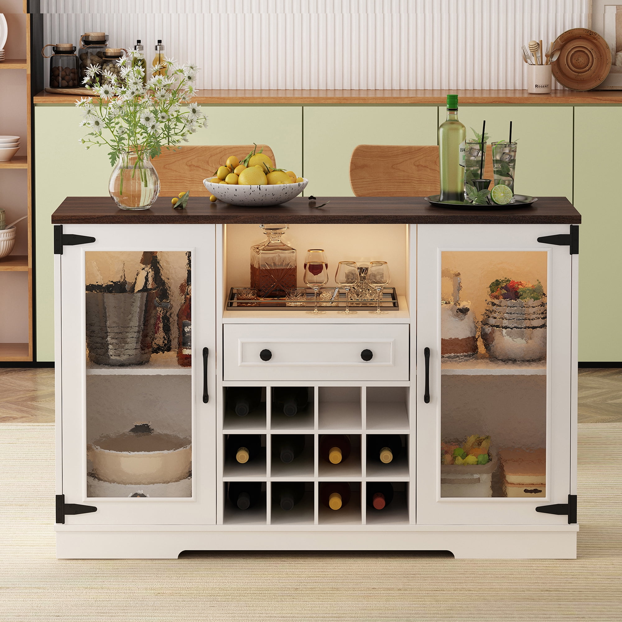 Euroco Coffee Bar Cabinet with Drop Leaf, Liquor Wine Bar Cabinet with LED Lights,Glass Doors,12 Wine Racks,1 Drawer & Open Shelf,Farmhouse Kitchen Cabinet for Dining Room,Walnut+White