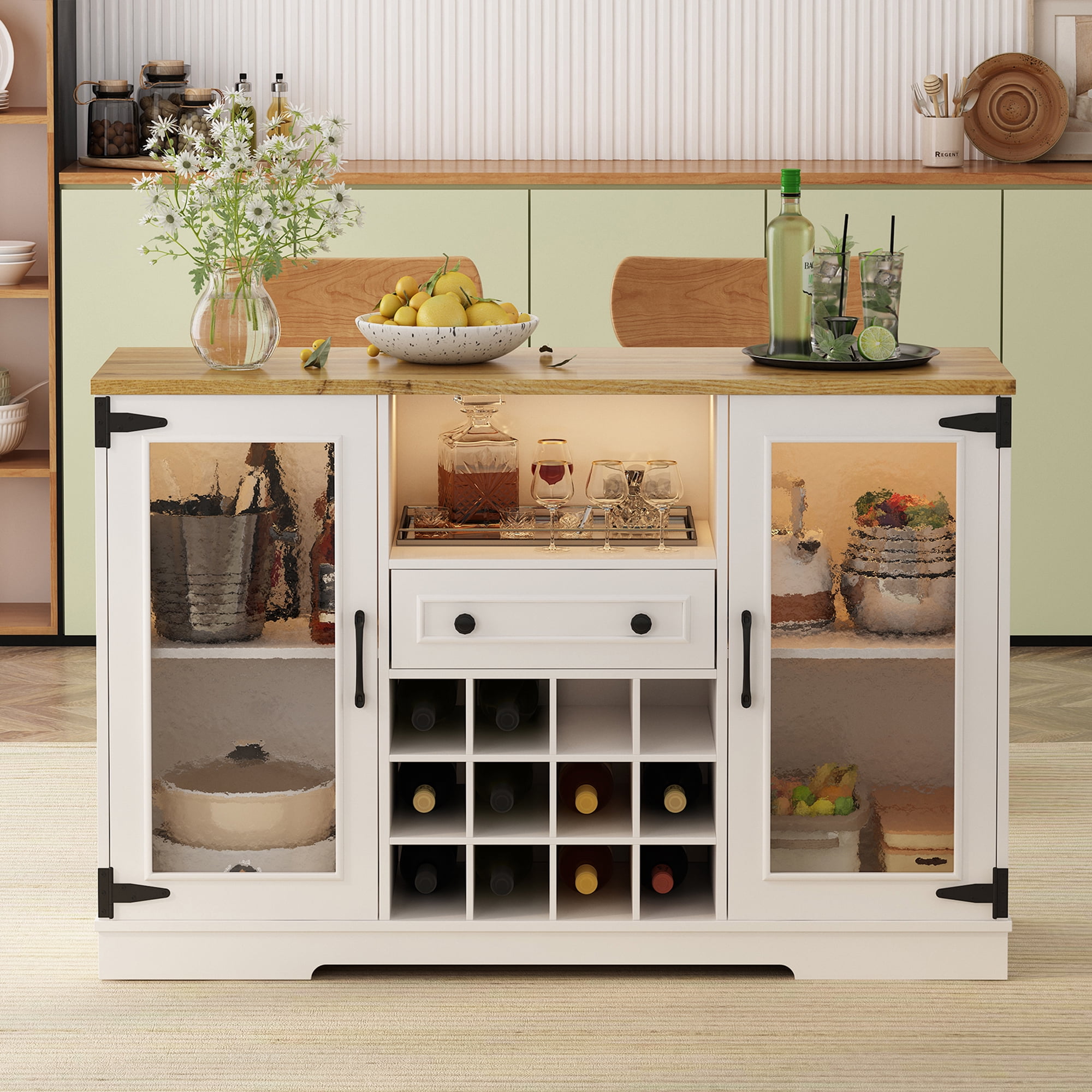 Euroco Coffee Bar Cabinet with Drop Leaf, Liquor Wine Bar Cabinet with LED Lights,Glass Doors,12 Wine Racks,1 Drawer & Open Shelf,Farmhouse Kitchen Cabinet for Dining Room,Natural+White