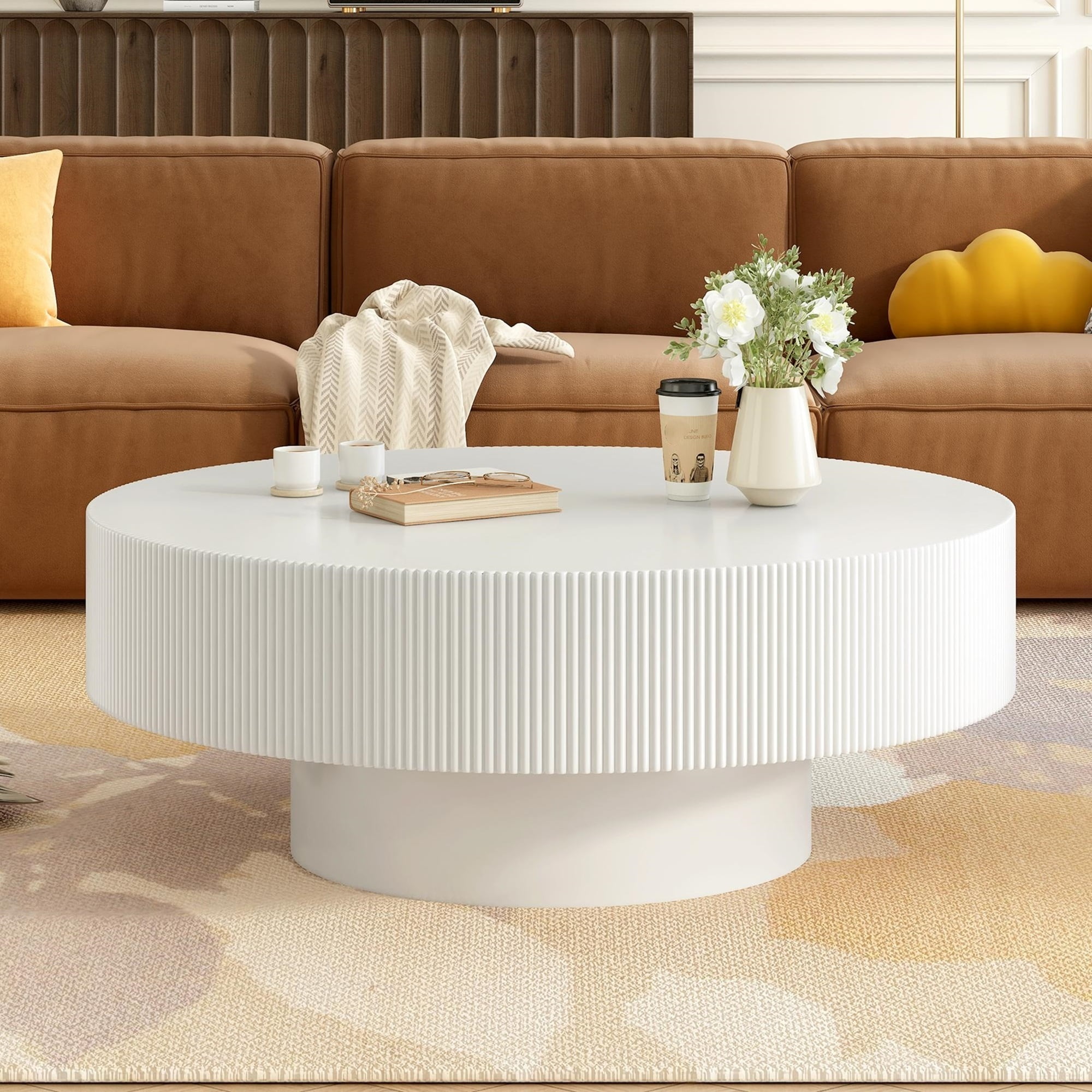 Euroco Coffee Table with 6.8" Thick Tabletop, Modern Drum End Table, Minimalist Fluted Center Table with Sturdy Base for Living Room,31.5"*31.5"*13.7"