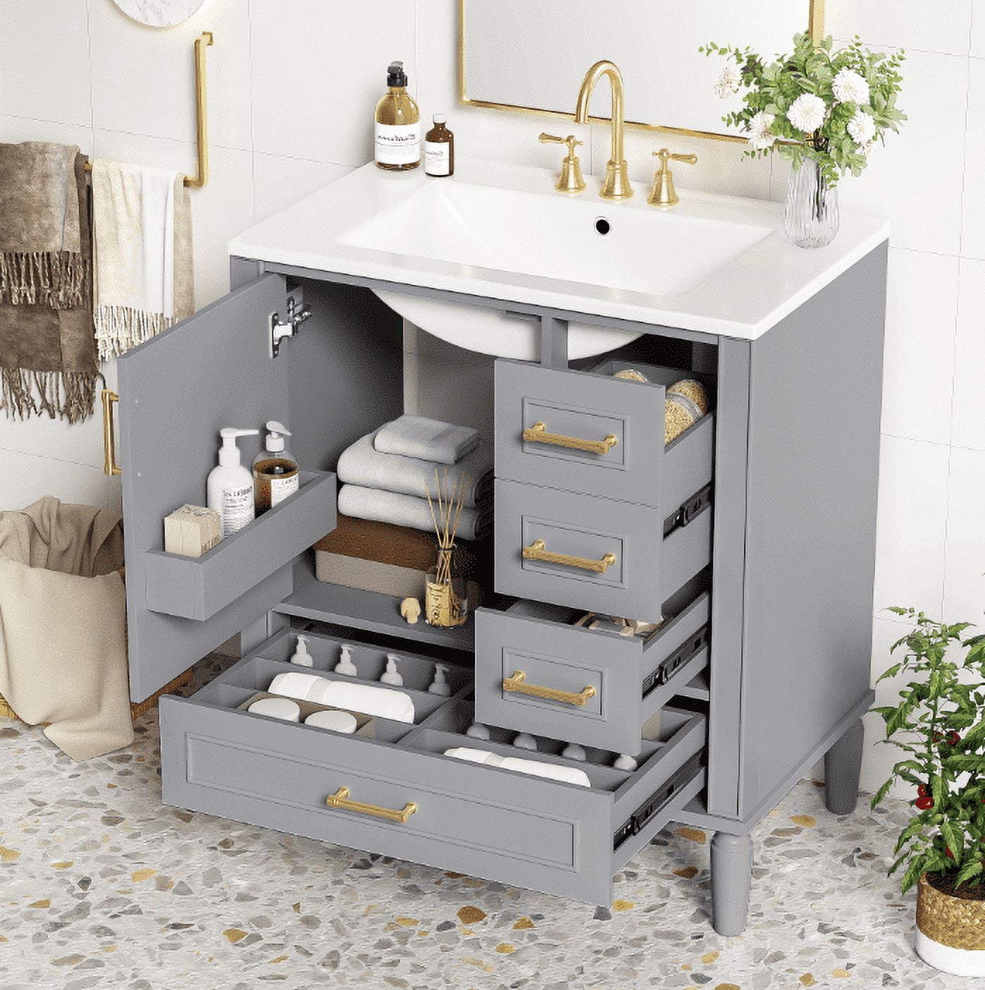Euroco Compact Bathroom Cabinet with Ceramic Basin, Soft-Close Door, Ample Storage,and Gold Handles – Easy Assembly and Durable MDF Construction