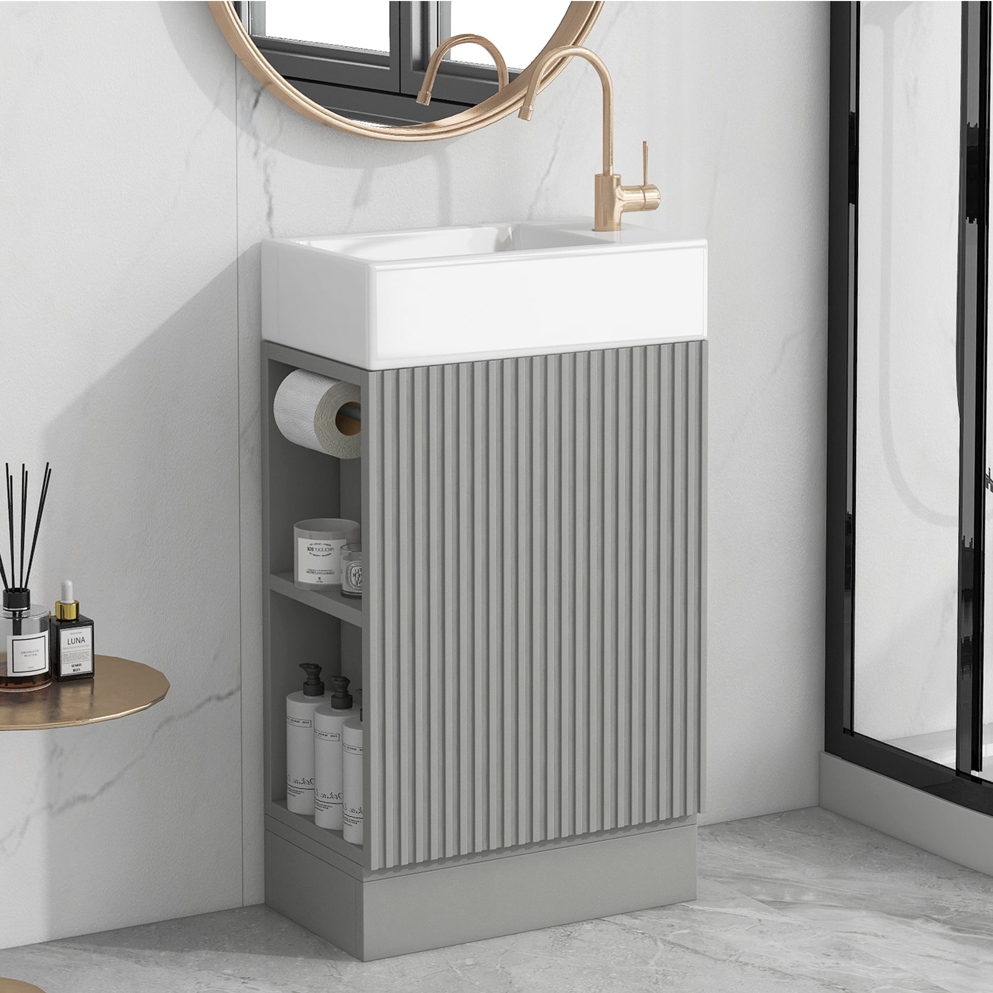 Euroco Compact Bathroom Vanity with Ceramic Sink, Cabinet, Side Shelf & Toilet Paper Holder, Reversible Design