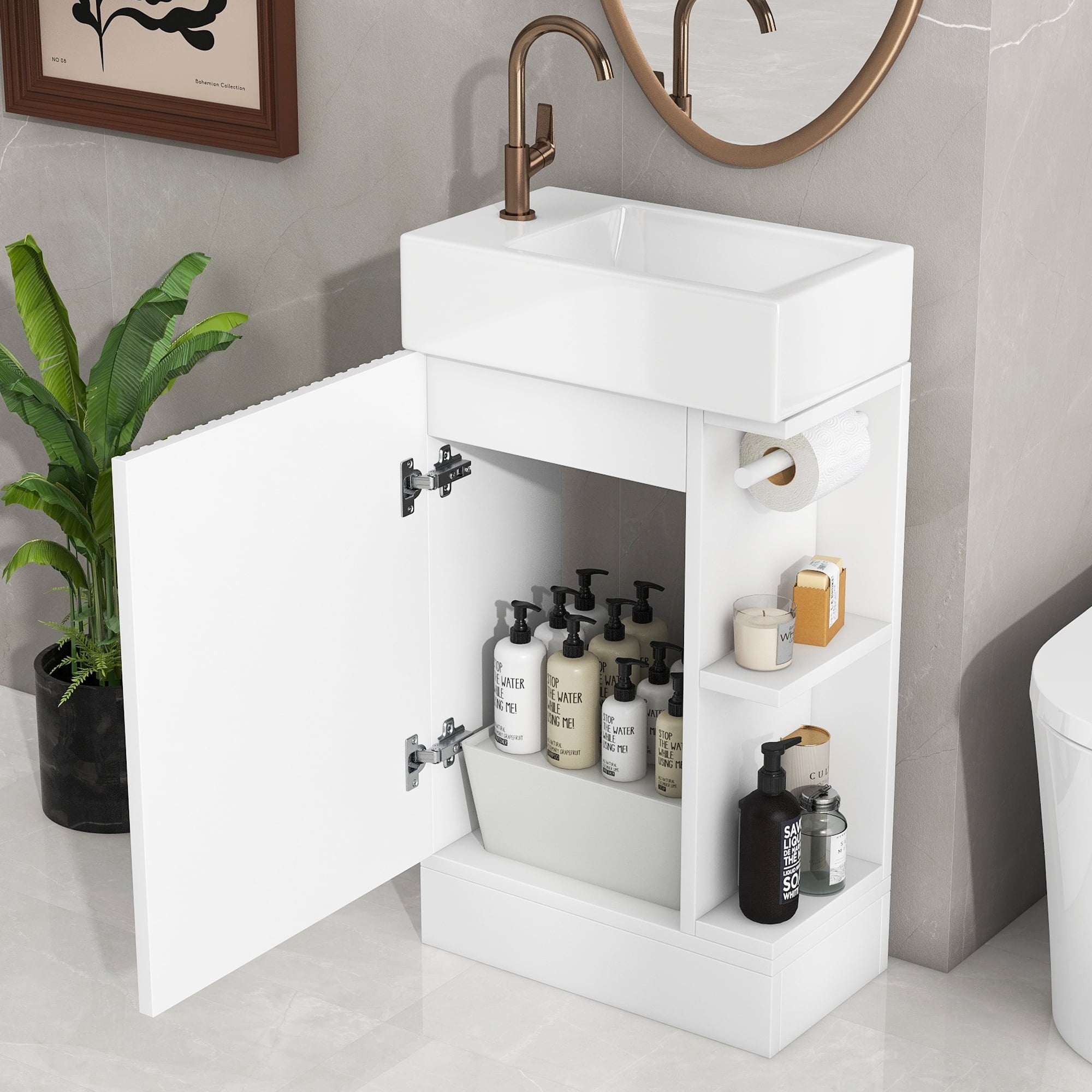 Euroco Compact Bathroom Vanity with Ceramic Sink, Cabinet, Side Shelf & Toilet Paper Holder, Reversible Design