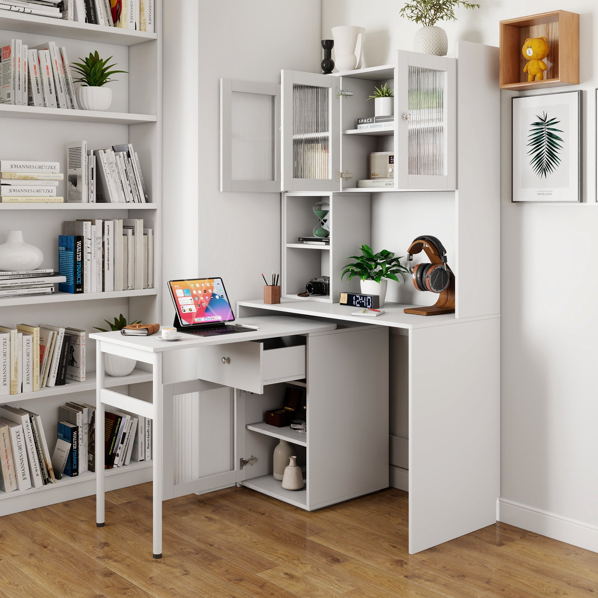 Euroco Computer Desk with glass door for Home Office or Study desk, Bookshelf & Hutch, Computer Desk with 90 Degree Rotating Desktop,Large Working Space
