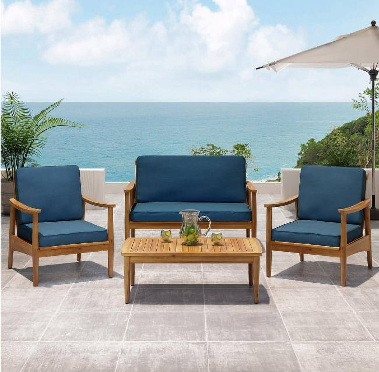 Euroco Contemporary 4-Piece Outdoor Chat Set with Acacia Wood Frame, Slatted Design, Water-Resistant Cushions, and Coffee Table