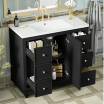 Euroco Contemporary Black Bathroom Vanity Cabinet - 36x18x34 inches, 4 Drawers & 1 Cabinet Door, Multipurpose Storage, Resin Integrated Sink, Adjustable Shelves