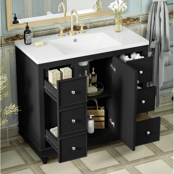 Euroco Contemporary Black Bathroom Vanity Cabinet - 36x18x34 inches, 4 Drawers & 1 Cabinet Door, Multipurpose Storage, Resin Integrated Sink, Adjustable Shelves