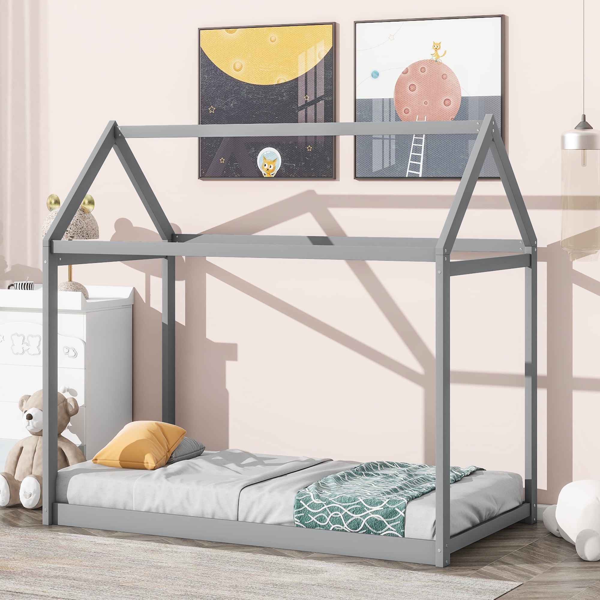 Euroco Contemporary Pine Wood Canopy Bed, Twin, Gray