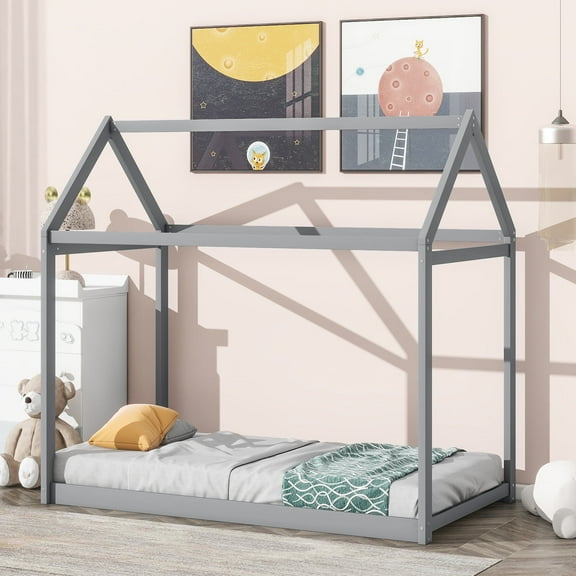 Euroco Contemporary Pine Wood Canopy Bed, Twin, Gray