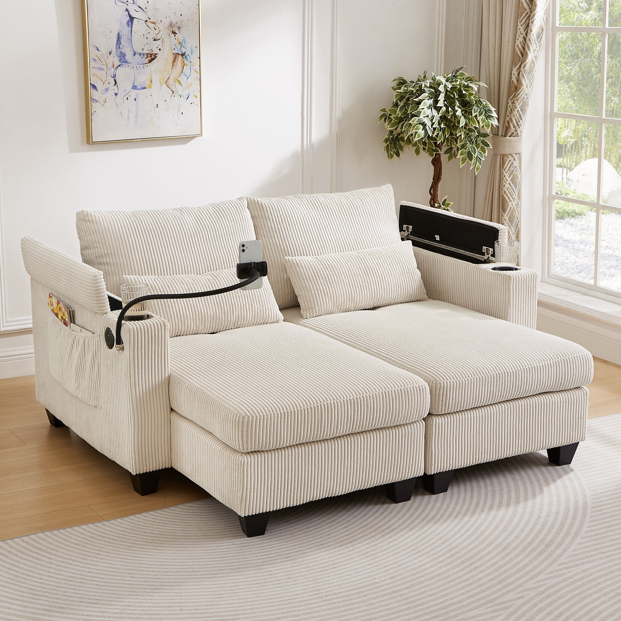 Euroco Convertible Chaise Lounge 63" Loveseat Sofa Sofa Bed Corduroy Sleeper Sofa with USB Ports , Two Cup Holders, A Phone Holder and Ample Storage Space for Living Room and Bedroom, Beige