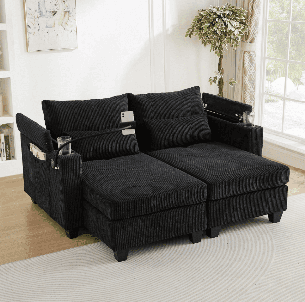 Euroco Convertible Chaise Lounge 63" Loveseat Sofa Sofa Bed Corduroy Sleeper Sofa with USB Ports , Two Cup Holders, A Phone Holder and Ample Storage Space for Living Room and Bedroom, Black