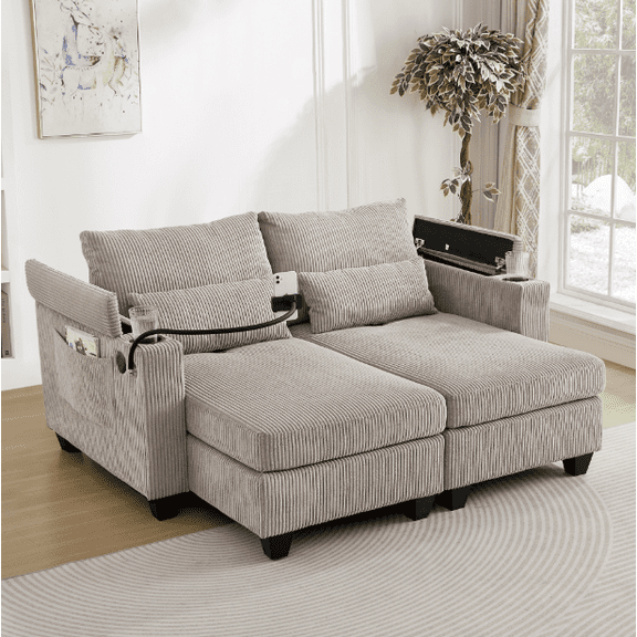 Euroco Convertible Chaise Lounge 63" Loveseat Sofa Sofa Bed Corduroy Sleeper Sofa with USB Ports , Two Cup Holders, A Phone Holder and Ample Storage Space for Living Room and Bedroom, Brown