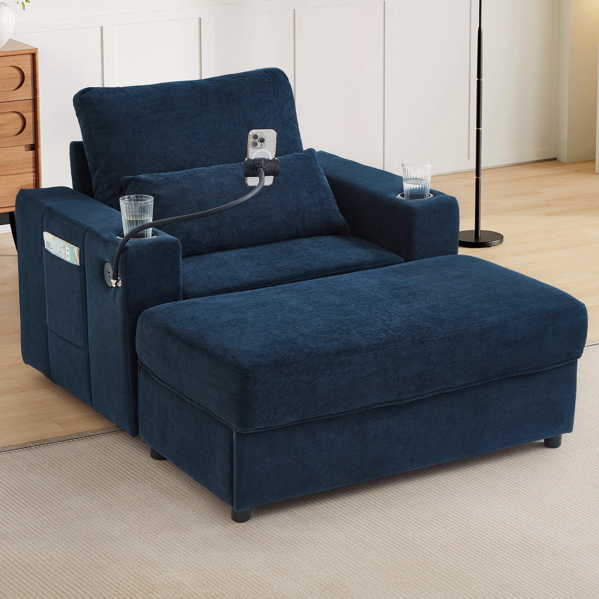 Euroco Convertible Chenille Recliner Chair with Storage Ottoman, USB Ports, Cup Holders & Phone Stand – Sleeper Armchair with Adjustable Backrest for Small Spaces