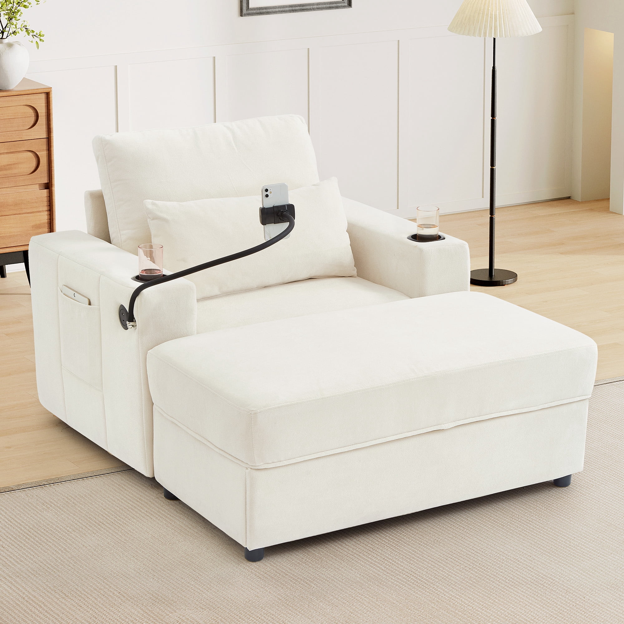 Euroco Convertible Chenille Recliner Chair with Storage Ottoman, USB Ports, Cup Holders & Phone Stand – Sleeper Armchair with Adjustable Backrest for Small Spaces