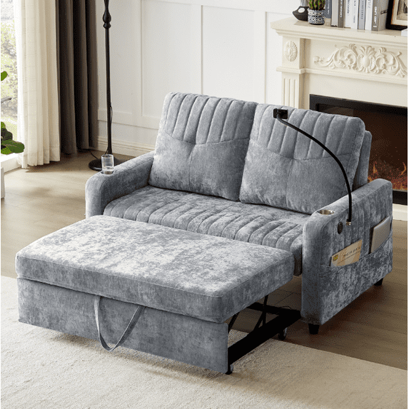 Euroco Convertible Chenille Sofa Bed with USB Charging Ports, Adjustable Backrest, Cup Holders & Pull-Out Design – Modern Loveseat Sleeper with Side Storage for Small Spaces