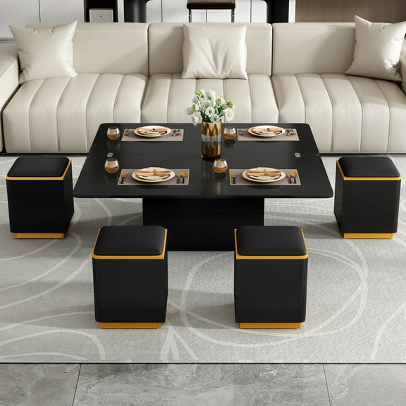Euroco Convertible Coffee Table with Lift-Top, Dining Extension, and Storage Stools