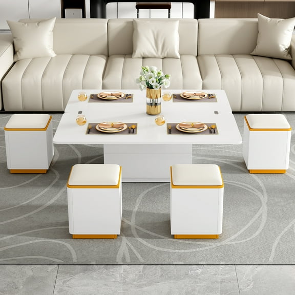 Euroco Convertible Coffee Table with Lift-Top, Dining Extension, and Storage Stools