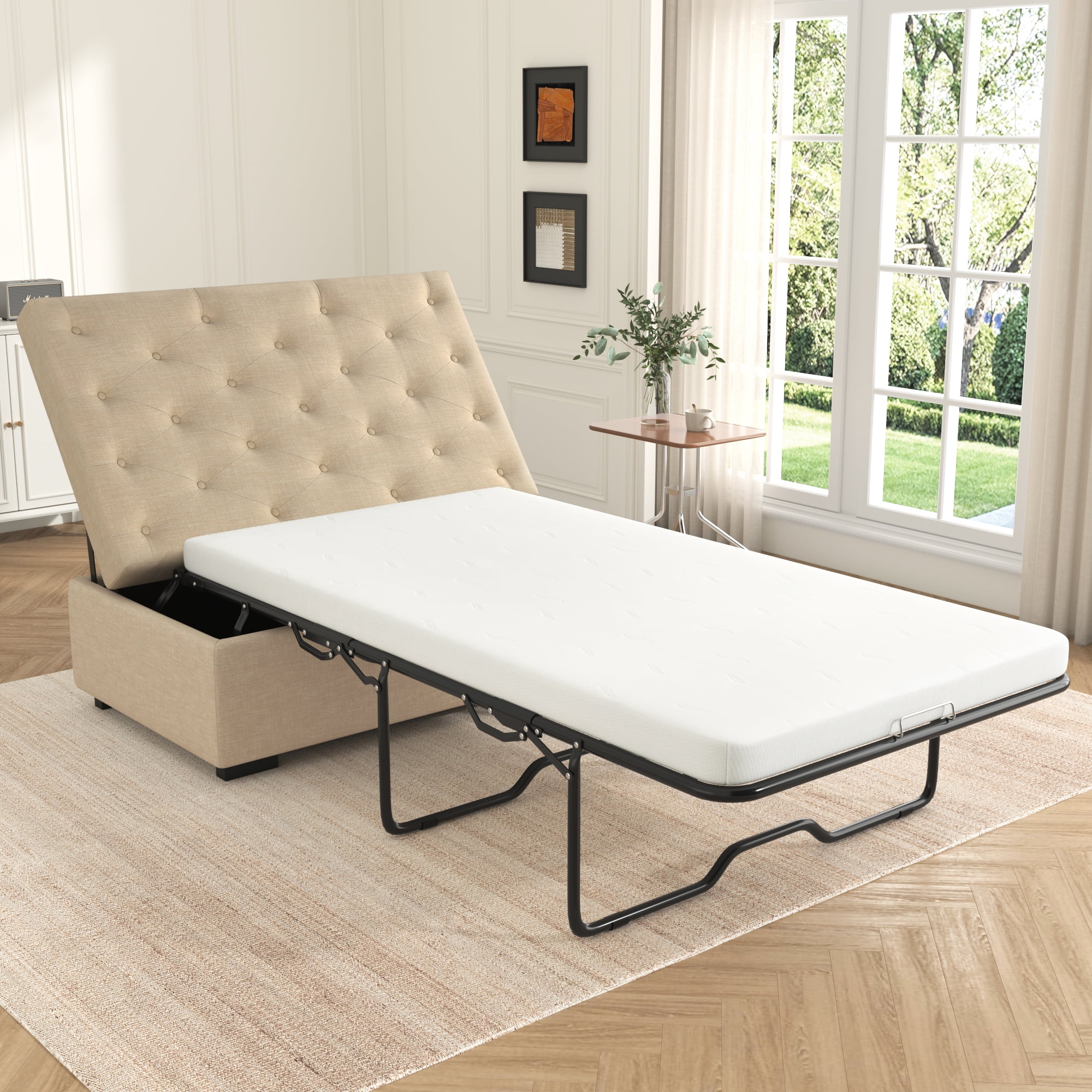 Euroco Convertible Ottoman Sleeper Bed with Memory Foam Mattress, Folding Twin Bed for Guests, Tufted Linen Upholstery, Iron Frame, Space-Saving Sofa Bed