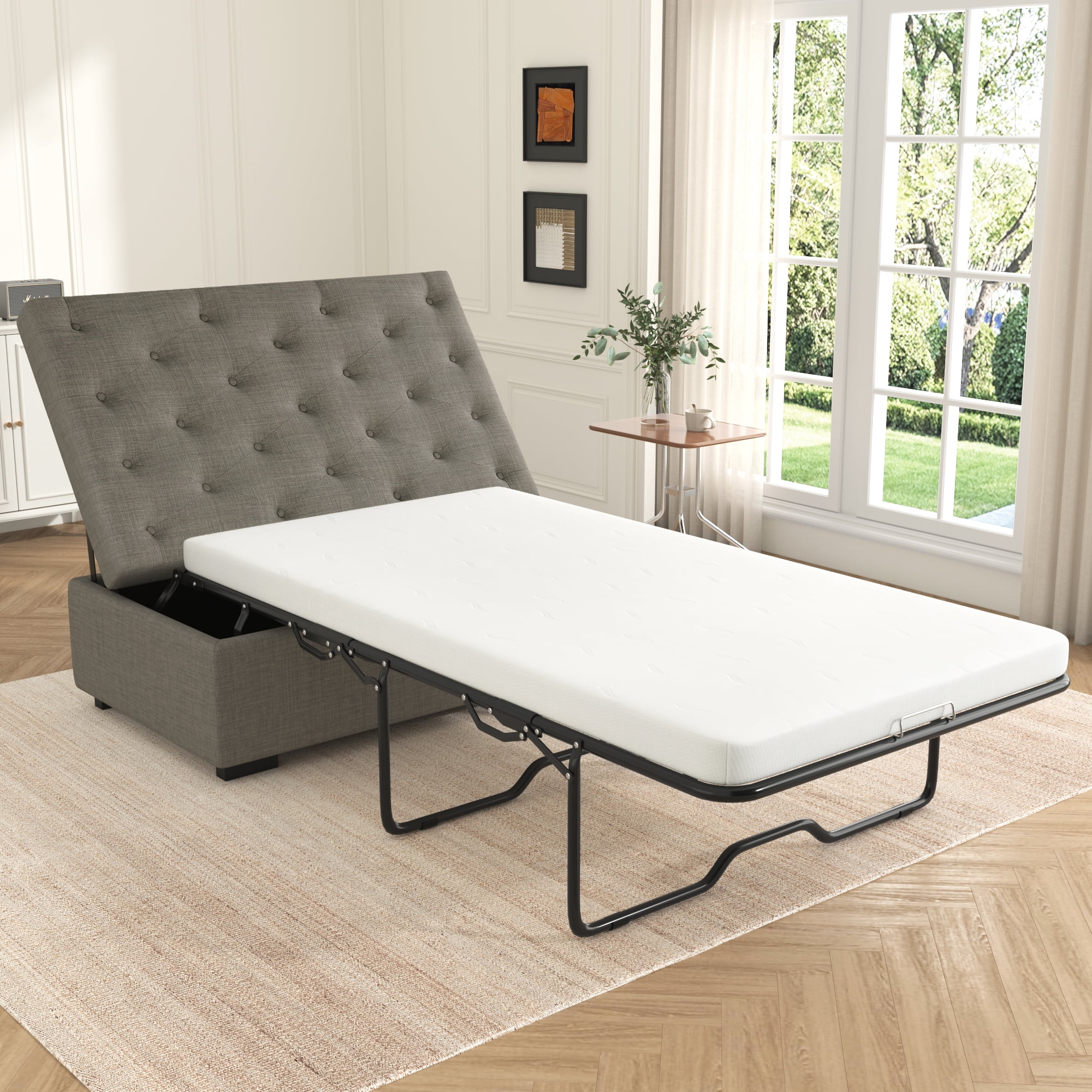 Euroco Convertible Ottoman Sleeper Bed with Memory Foam Mattress, Folding Twin Bed for Guests, Tufted Linen Upholstery, Iron Frame, Space-Saving Sofa Bed