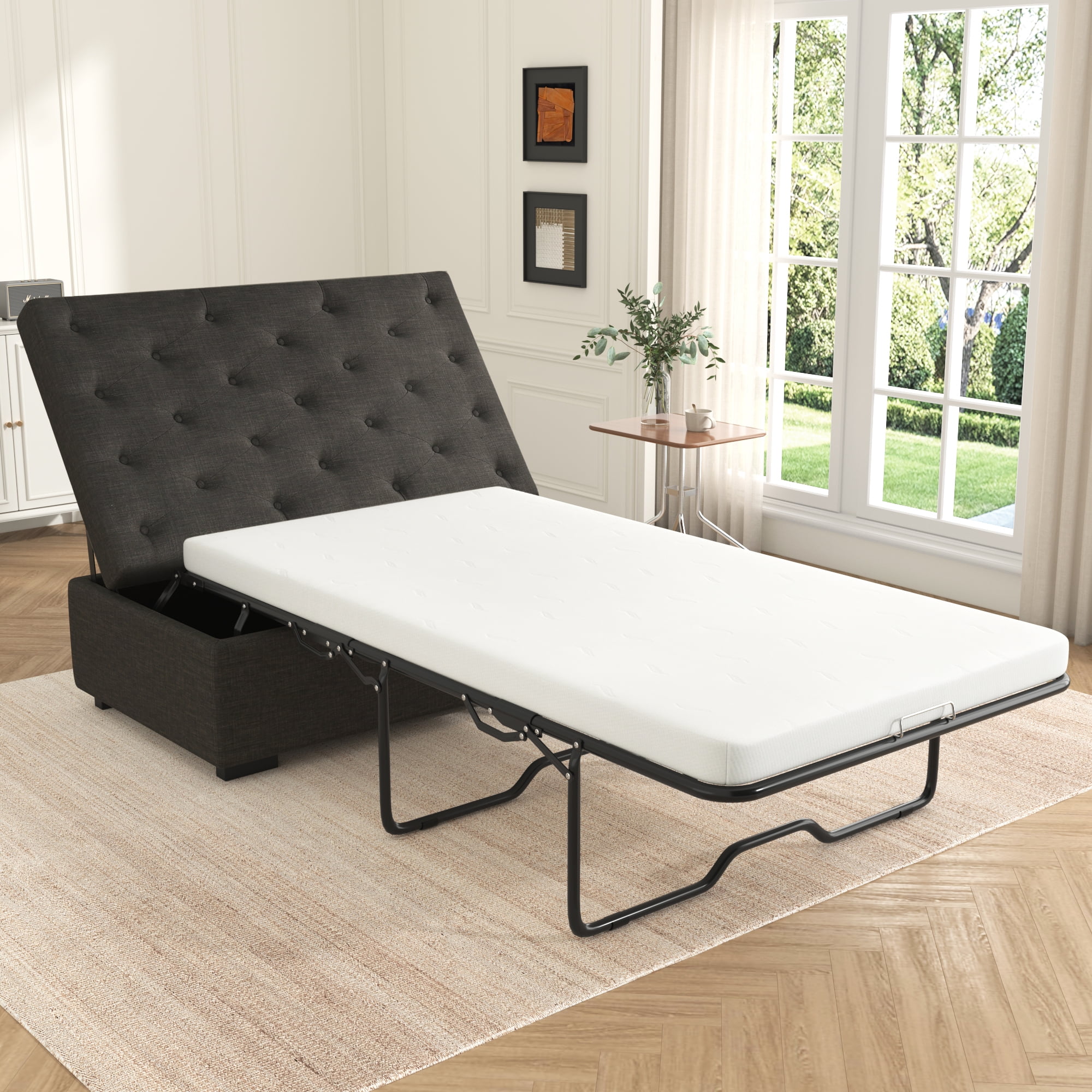 Euroco Convertible Ottoman Sleeper Bed with Memory Foam Mattress, Folding Twin Bed for Guests, Tufted Linen Upholstery, Iron Frame, Space-Saving Sofa Bed