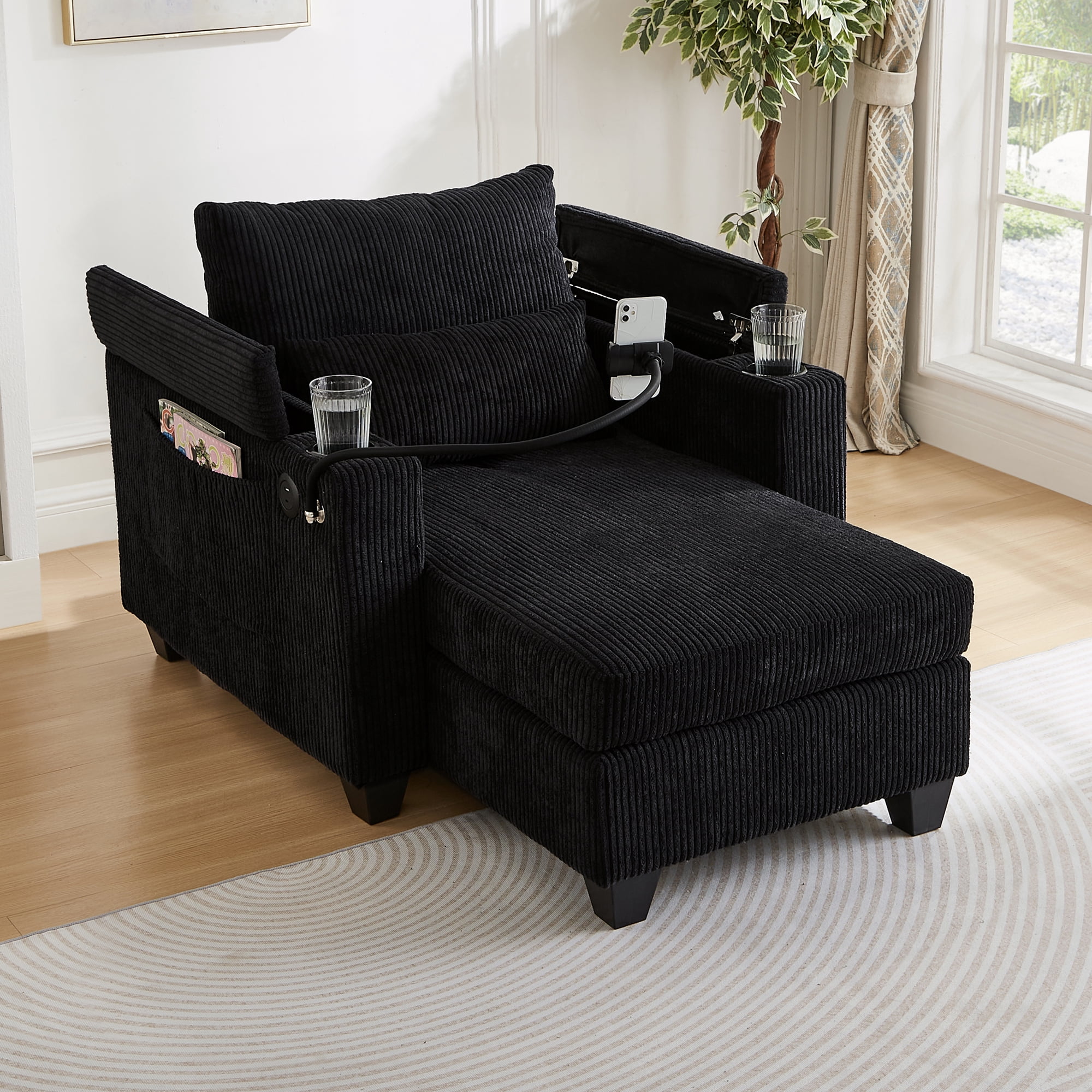 Euroco Convertible Sofa Chair with Chaise Lounge Extension, Hidden Armrest Storage, USB Charging Ports, Phone Holder & Cup Holders, Corduroy Fabric Recliner with Lumbar Pillow, for Small Spaces