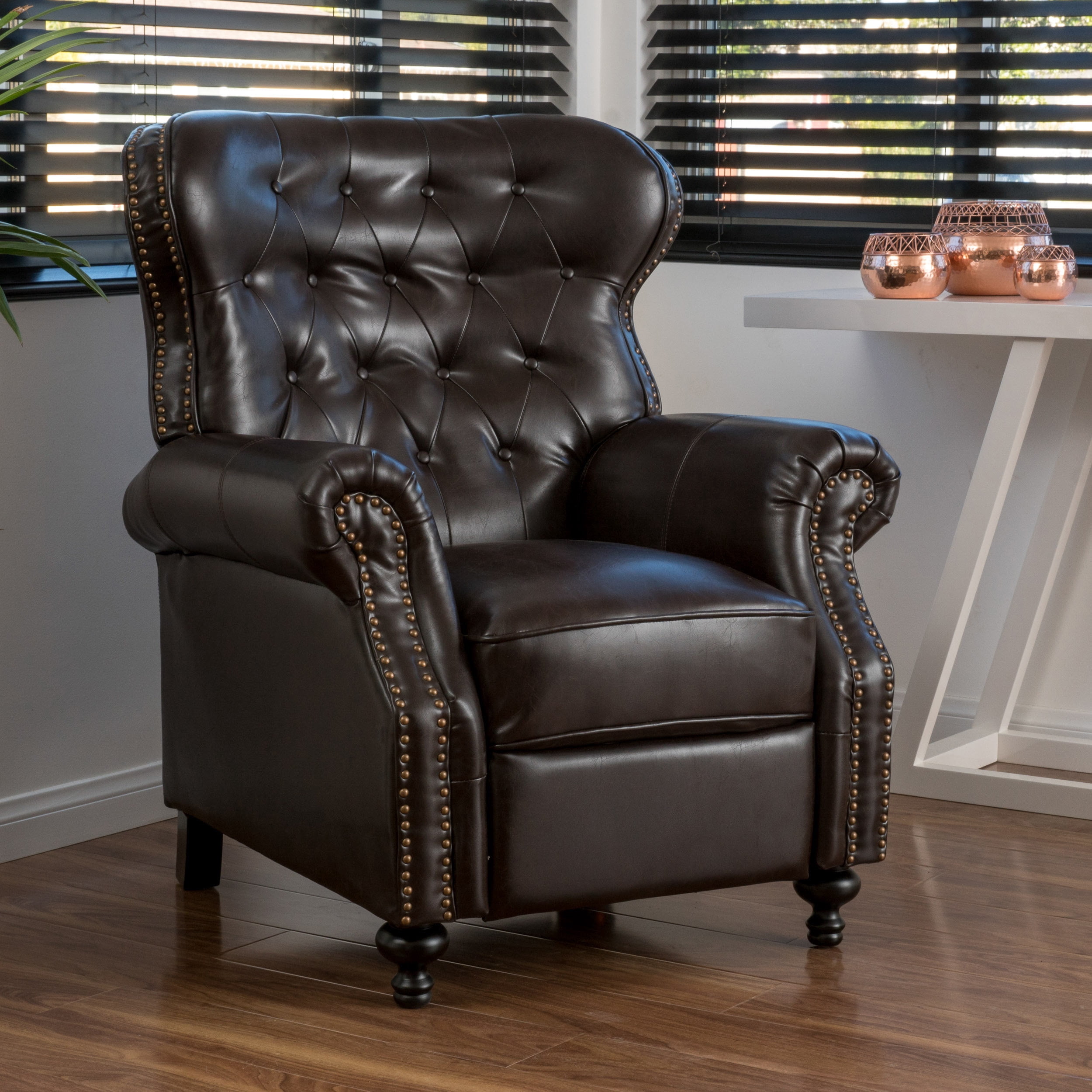 Euroco Copper Accented Push Back Recliner Chair with Rolled Arms, Upholstered Manual Recliner with Hump Feet – Elegant Armchair for Living Room, Bedroom, or Office