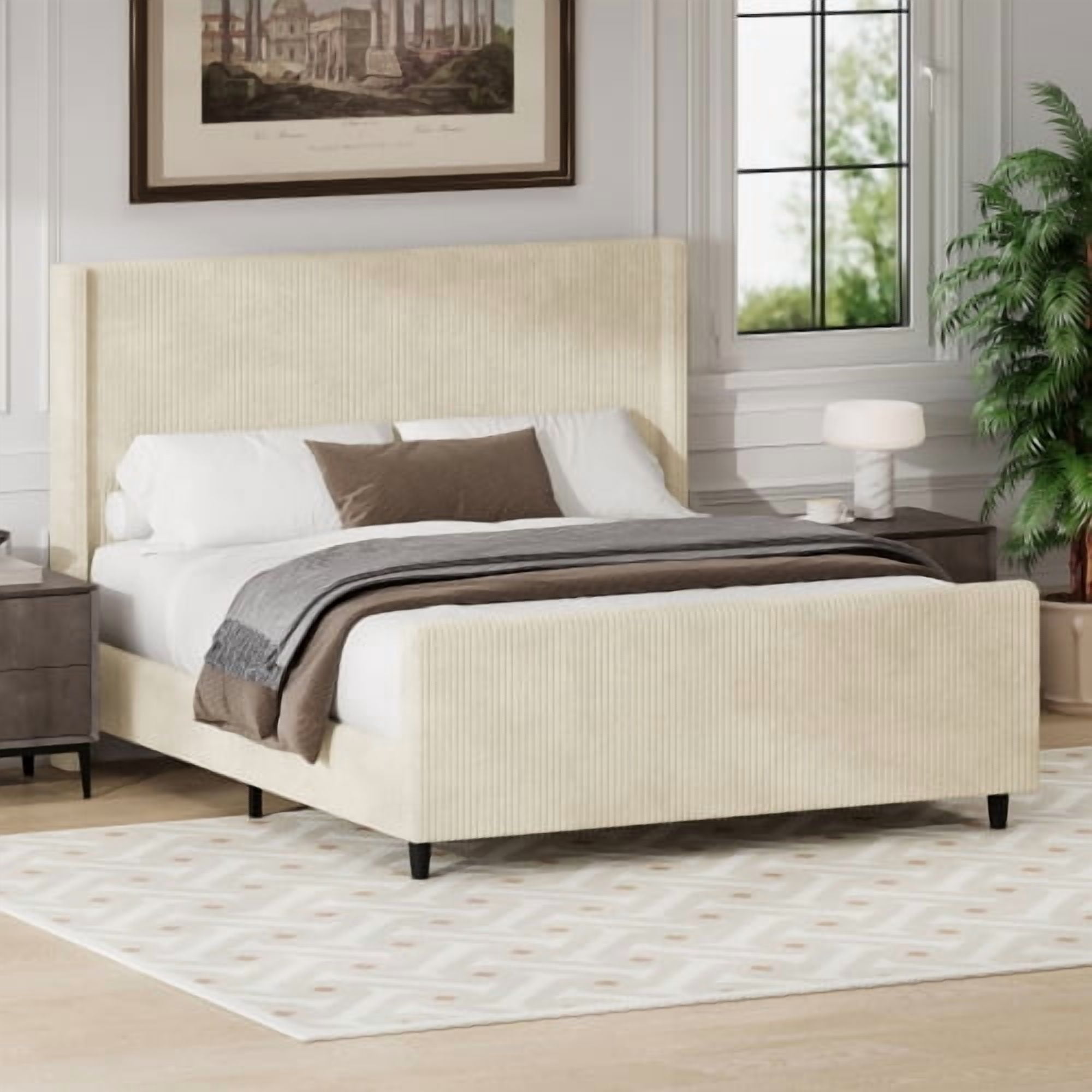 Euroco Corduroy Upholstered King Size Platform Bed with Vertical Stripe Wingback Headboard, Cream