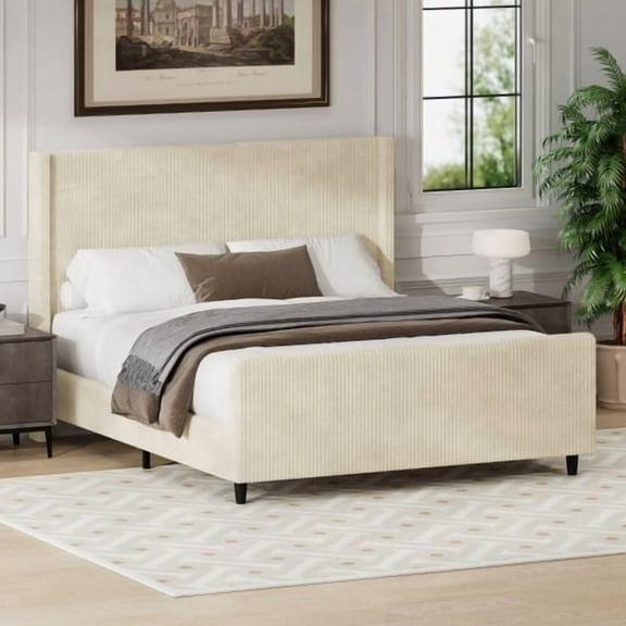 Euroco Corduroy Upholstered Queen Size Platform Bed with Vertical Stripe Wingback Headboard, Cream